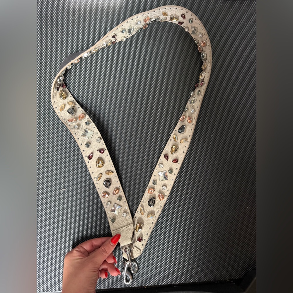 Rebecca Minkoff Jeweled Leather Guitar Bag Strap Cream/taupe/gray color